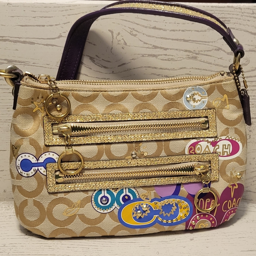 Coach Poppy Purse Gold Egglant/Glitter strap Mint Green interior